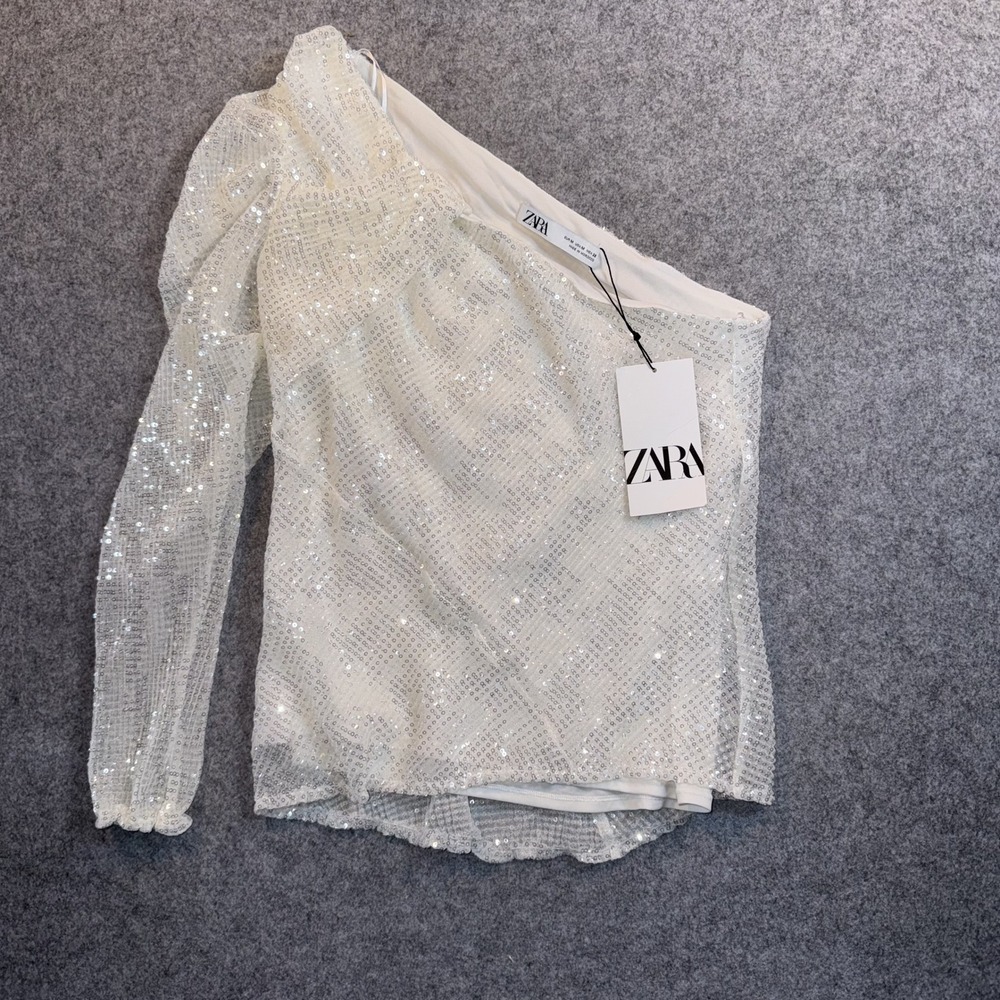 Zara One-Shoulder Sequin Top Medium White Shimmer Party Top